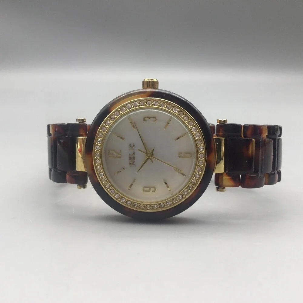 Relic Womens Watch 32mm MOP Faux Tortoise Crystal Bezel ZR34137 New Battery 7